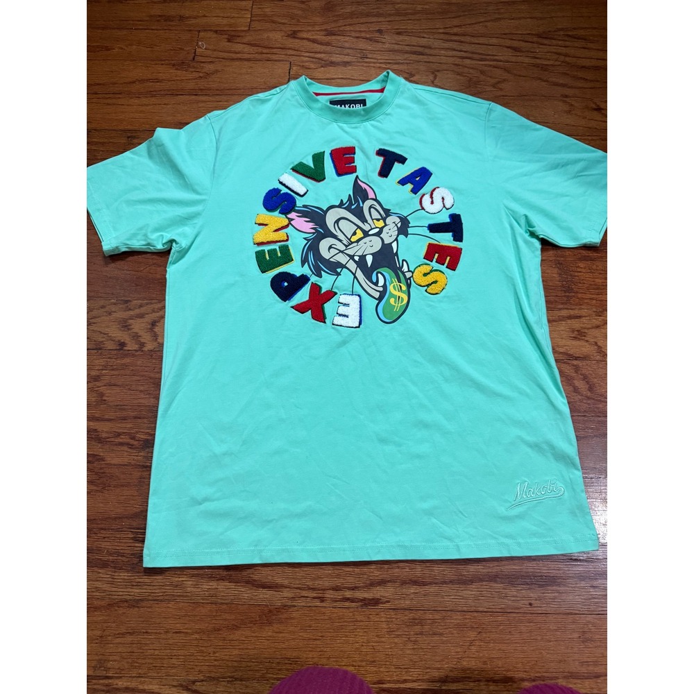 Makobi Mens Expensive Tastes Graphic T-Shirt Mint Green Chenille Patch Size L